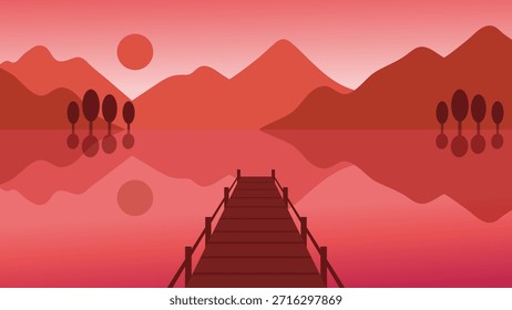Natureza Paisagem Fundo Vermelho Monocromático com Montanhas Lago e Cais. Ilustração de vetor