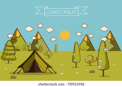 nature landscape. morning landscape in the mountains. solitude in nature by the mountain. weekend in the tent. hiking and camping. vector flat illustration