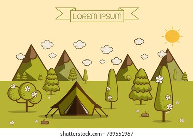nature landscape. morning landscape in the mountains. solitude in nature by the mountain. weekend in the tent. hiking and camping. vector flat illustration