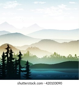 Nature landscape, mountain forest and lake. Natures hills, tree in rivers. Summer green background. Poster Travel. National Park. Outdoor sky mountain. Panorama image silhouettes. Vector illustration