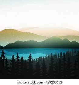 Nature landscape, mountain forest and lake. Vector natures hills, tree in rivers. Summer green background. Poster Travel. National Park