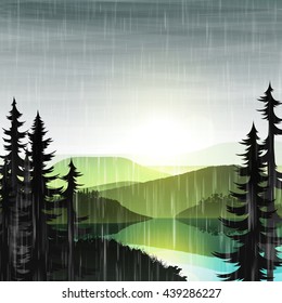 Nature landscape mountain forest and lake. Summer green background cloudy with rain.  