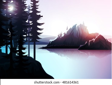 Nature landscape, mountain forest and lake. Vector natures hills, tree in rivers. Summer green background. Poster Travel. National Park. Sunrise scenic views of nature