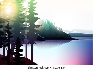 Nature landscape, mountain forest and lake. Vector natures hills, tree in rivers. Summer green background. Poster Travel. National Park. Sunrise scenic views of nature