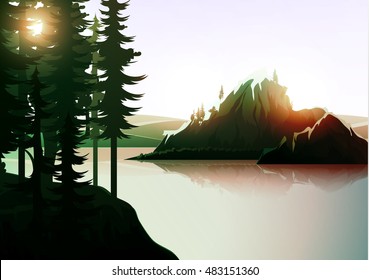 Nature landscape, mountain forest and lake. Vector natures hills, tree in rivers. Summer green background. Poster Travel. National Park. Sunrise scenic views of nature