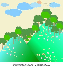 Naturaleza con árbol verde y nube en estilo de dibujos animados