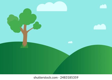 Naturaleza con árbol verde y nube en estilo de dibujos animados