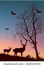 Paisaje natural, montaña, colinas, árboles con silhouette animal de ciervo sobre fondo vectorial de verano.