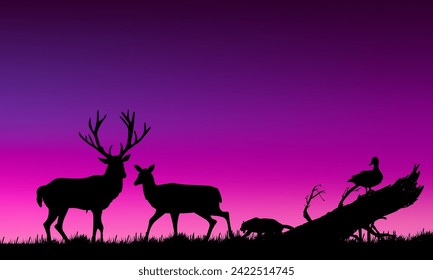 Nature landscape, mountain, hill, trees with silhouette deer animal on summer vector ilustration background.
