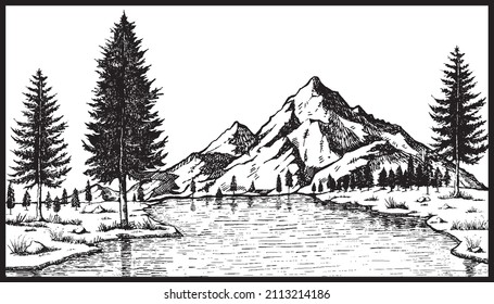 Nature Landscape Mountain Lake Hand Drawn Vector board