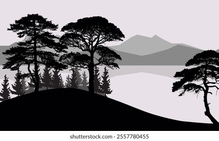 Nature landscape Mountain lake and Tree silhouette