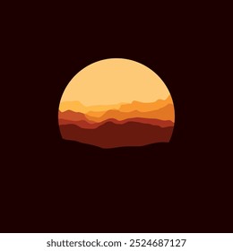 Nature landscape mountain panorama illustration in circle shape.