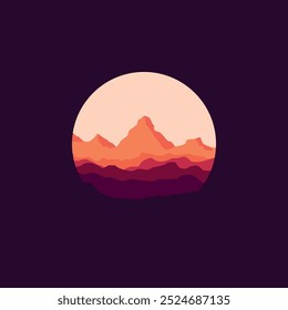 Nature landscape mountain panorama illustration in circle shape.