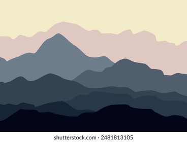Nature landscape with mountain peaks. Mountains traveling vacation vector background.