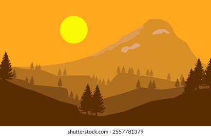 Nature landscape Mountain with sun and pine trees