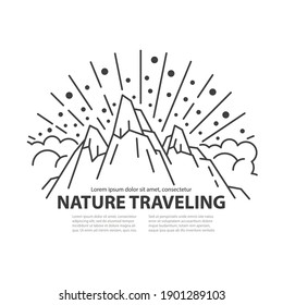 Naturlandschaft mit Berg- und Sonnenstrahlen im linearen Stil. Vorlage für Strichlinien mit Platz für Text. Vektorgrafik