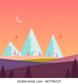 Nature landscape with mountain,moon, stars, forest, field. Violet, green, orange, blue colors. Minimalistic landscape nature. Summer evening landscape. Nature. Summer. Vector. EPS 10.