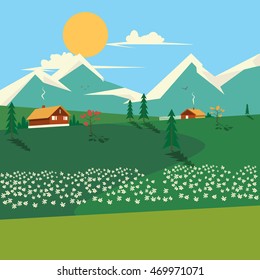 Nature landscape with mountains. Cartoon colorful vector illustration