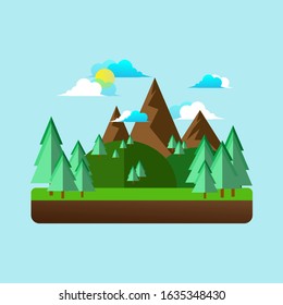 The Nature landscape with mountains and clouds in flat style.