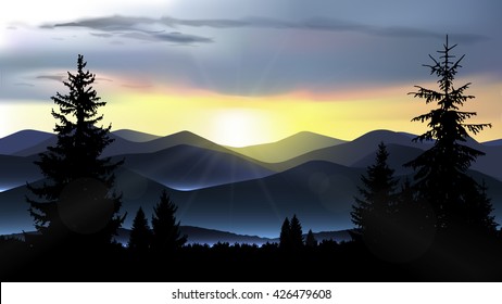 Nature landscape of mountains. Evening. Sunset. Mist in valley like neon lights. Protect environment banner. Extreme sport banner. Tablet background.