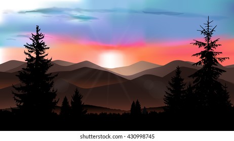 Nature landscape of mountains. Evening. Sunset red and pink tones. Mist in valley. Protect environment banner. Extreme sport banner. Tablet background.Eps 10.