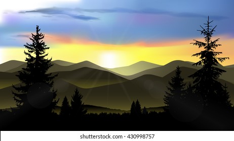 Nature landscape of mountains. Evening. Sunset yellow, orange tones. Mist in valley. Protect environment banner. Extreme sport banner. Tablet background. Eps 10.