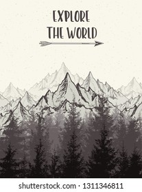 Nature landscape with mountains and fir tree. Vintage travel background. Vector illustration