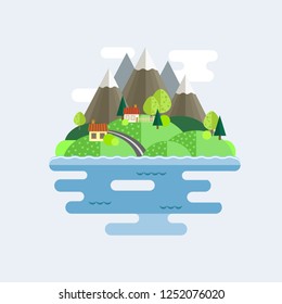 Nature landscape with mountains, green hills, small houses, trees, road and pond. Mountain village panorama. Flat design vector illustration.