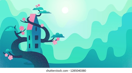 Nature landscape with mountains, green hills, tall house twisted by tree. Big blooming tree wraps the house. Mountain village panorama. Flat cartoon vector illustration with textures and gradient