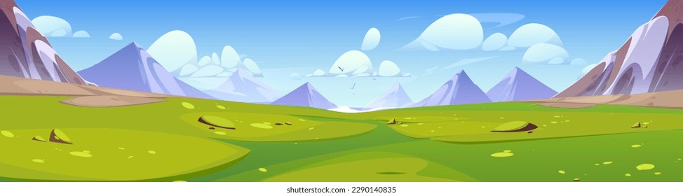 Nature landscape with mountains, green valley and clouds in sky. , trees, road and clouds in sky. Summer scene of fields with green grass and rocks range with snow, vector cartoon illustration