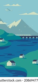 Nature landscape with mountains, hills, green grasslands, country houses and a river in summer. Good for a poster, a postcard or a banner. Flat vector illustration EPS10