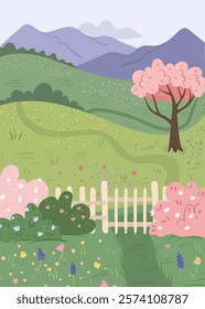 Nature landscape with mountains and hills, meadow with blooming flowers and park with fence. Vector wild scenery with cherry tree blossom, bushes and floral grass, path for walking outdoors