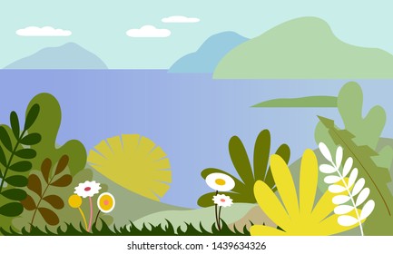 Nature landscape - mountains, sea or river, plants, leaves, trees and sky. Vector illustration in trendy flat style and bright colors - background with copy space for text, background for banner,