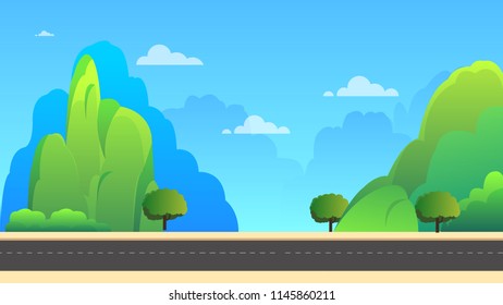 Nature landscape with mountains and sky background vector illustration.Spring landscape background.Beautiful landscape with street.