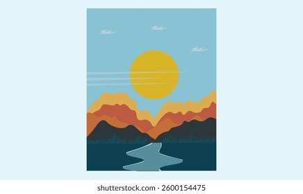 Nature landscape Mountains with sunset wall art vector image for use.