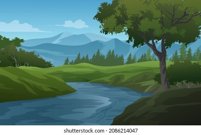 Nature landscape with mountains and a tree by river