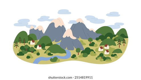 Nature landscape with mountains, trees and houses in summer. Rural countryside environment, village at rocks and river water, clouds in sky. Flat vector illustration isolated on white background