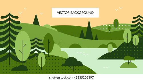 Nature landscape, natural background. Green tree plants, hills, grass, lake water. Summer scenery panorama in modern style. Abstract rural country environment, panoramic view. Flat vector illustration