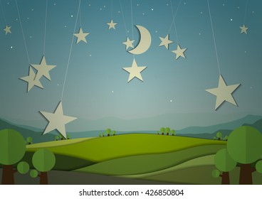 nature landscape night background, cute paper design concept