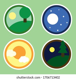 Nature landscape night & day stickers icons vector