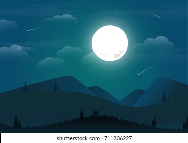 Nature landscape with night sky illustration in flat design vector.