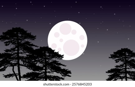 Nature Landscape at night. Tropical tree silhouette, Moon and Moon