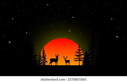 Nature Landscape at Night. Wild Deer, Trees, Stars and Sunset