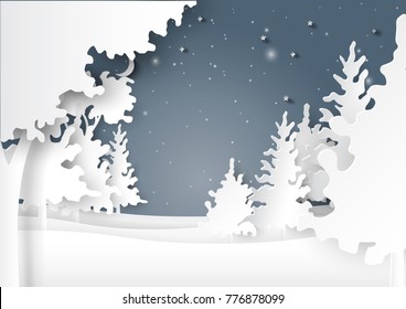 Nature landscape of night winter background.For merry christmas and happy new year paper art style.Vector illustration.
