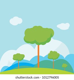 Nature landscape on hill with sky background vector illustration.Tree with meadow and mountain