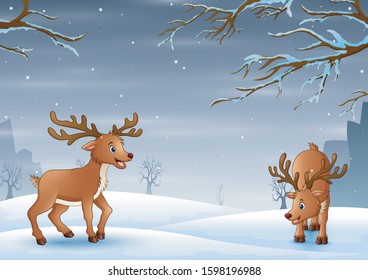 Nature landscape on snow winter background with deers