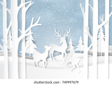 Nature landscape on snow winter background with deers family.For merry christmas and happy new year paper art style.Vector illustration.