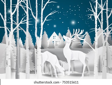 Nature landscape on snow winter background with deers family in forest concept Merry Christmas,vector paper art style