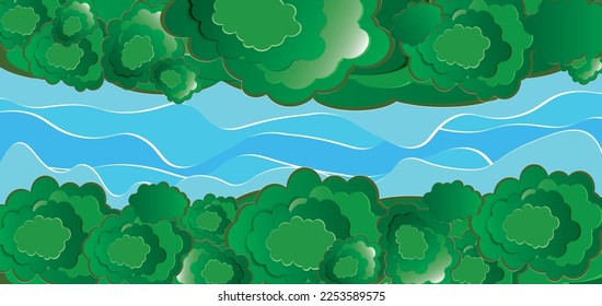 Nature landscape on top view of roofs, Green forest and river. Conservation background and environment, paper style, vector illustration