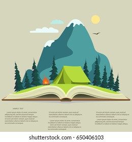 Nature landscape in opened book, camping graphics,  outdoor traveling illustration,  summertime adventure. Vector